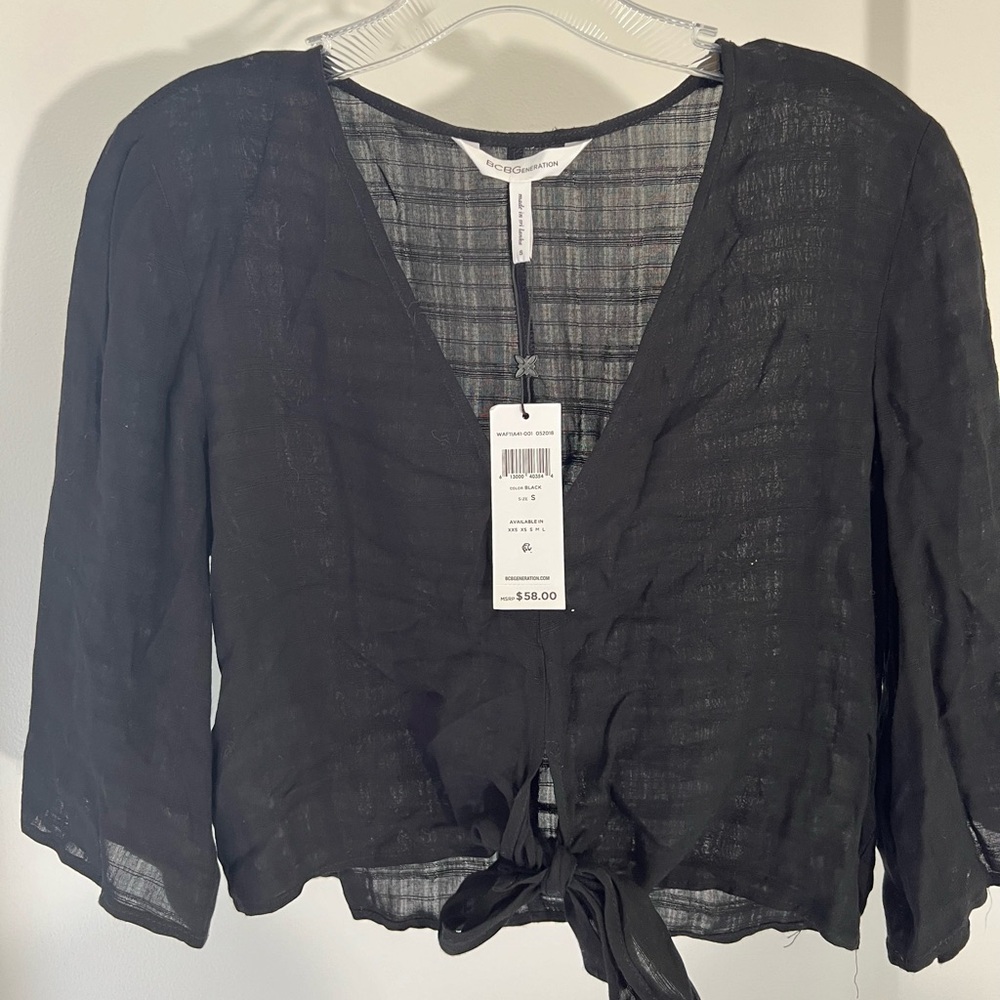 Black Long Sleeve Tie Front Top